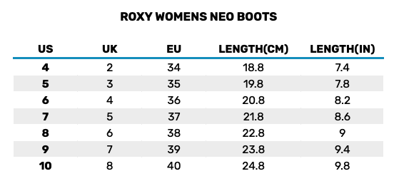 2025 Roxy Womens Neo Footwear 0 Size Chart